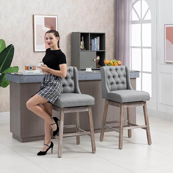 HOMCOM Bar Height Bar Stools Set of 2, 180 Degree Swivel Barstools with Solid Wood Footrests and Button Tufted Design, 30" Seat Height Bar Chairs for Kitchen Island, Gray