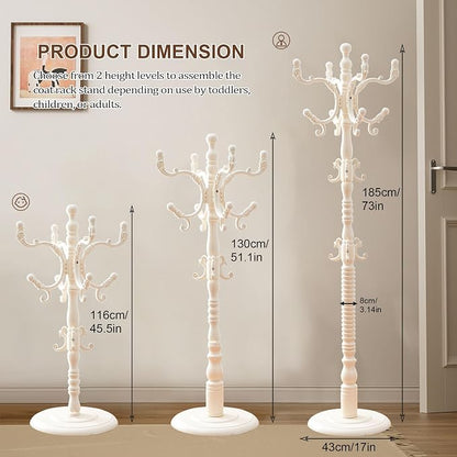 Wooden Coat Rack Freestanding with 18 Hooks, Adjustable Height Coat Tree Free Standing Heavy Duty for Entryway, Easy Assembly Solid Wood Sturdy Coat Hats Hanger Stand for Office Hallway Bedroom,White