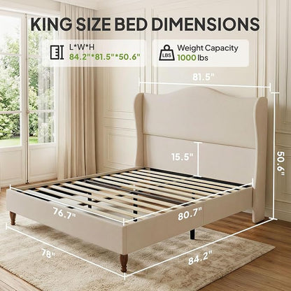 Welzona King Size Bed Frame 51" Tall Wingback Headboard, Soft Fabric Upholstered Platform Bed with Solid Wood Legs and Wooden Slats Support, No Box Spring Needed, Easy Assembly, Beige