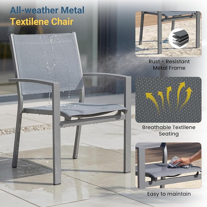 Wisteria Lane Patio Table and Chairs for 4, Outdoor Patio Dining Furniture Set with Aluminum Table and Metal Textilene Chairs, All-Weather Patio Table Set with HDPS Round Tabletop for Garden Porch