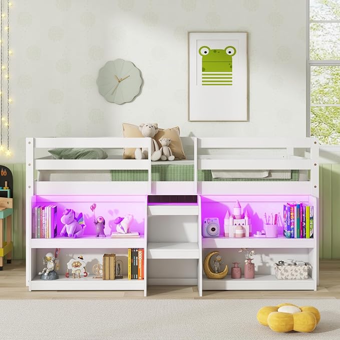 Giantex Twin Loft Bed with LED Lights, Wooden Loft Bed Twin Size with Stairs & Safety Guardrail, Low Loft Bed for Kids with Storage Bookcase and Under-Bed Play Space, White