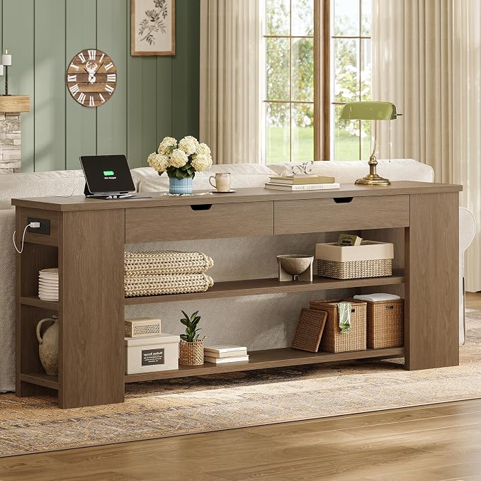 71.8 Inch Extra Long Console Table with Drawers, Farmhouse Long Console Table with Shelves & Built-in Outlets, Entryway Table with Storage for Living Room, Entryway, Hallway, Brown