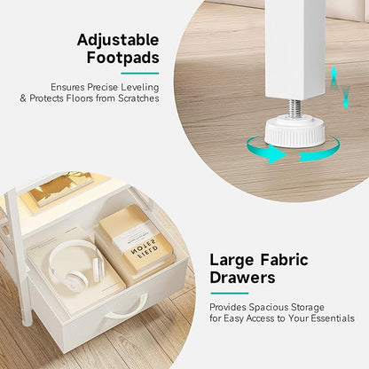 Lazzanto Night Stand Bedside Charger Bedroom - Nightstand with Charging Station, Bed Side Table with LED Light Strip, End Table with U-S-B Ports & AC Outlets, Storage Shelf & 3 Fabric Drawers, White