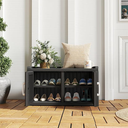 NUNU LAB Shoe Cabinet for Entryway,Waterproof Shoe Storage Cabinet with Adjustable Shelves for Living Room,Resin Storage Bench with Seat for Hallway,Shoe Bench with Doors for Foyer(Black, 2-Door)