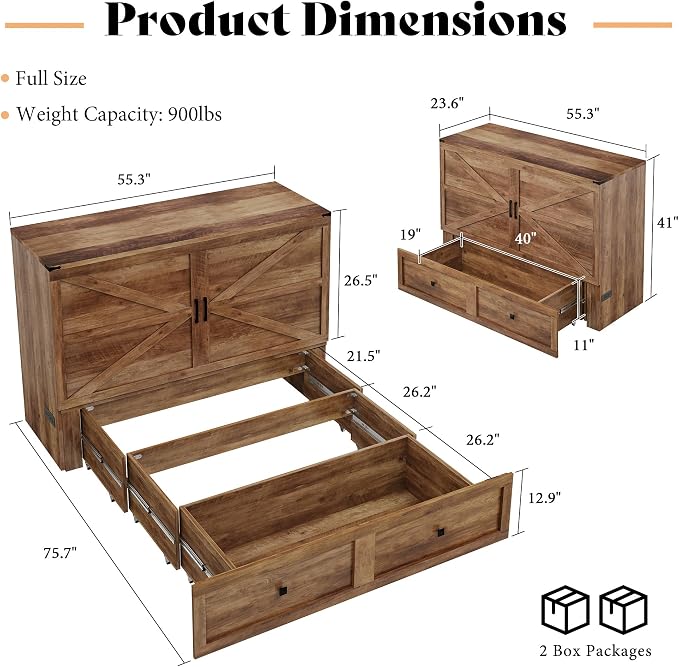 AMERLIFE Full Murphy Bed Cabinet with Charging Station and Storage, Farmhouse Foldable Platform Bed for Guest Room, Office, Small Spaces, Barnwood