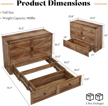 AMERLIFE Full Murphy Bed Cabinet with Charging Station and Storage, Farmhouse Foldable Platform Bed for Guest Room, Office, Small Spaces, Barnwood