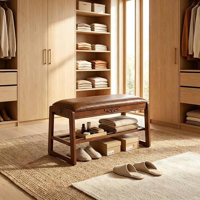 Shoe Storage Bench 2 Tier Shoe Rack for Entryway Shoe Rack Bench with Storage with Flip-Top for Hallway Entryway Living Room Wood Shoe Bench with Embossed Pattern and Hook, Walnut (31.5")