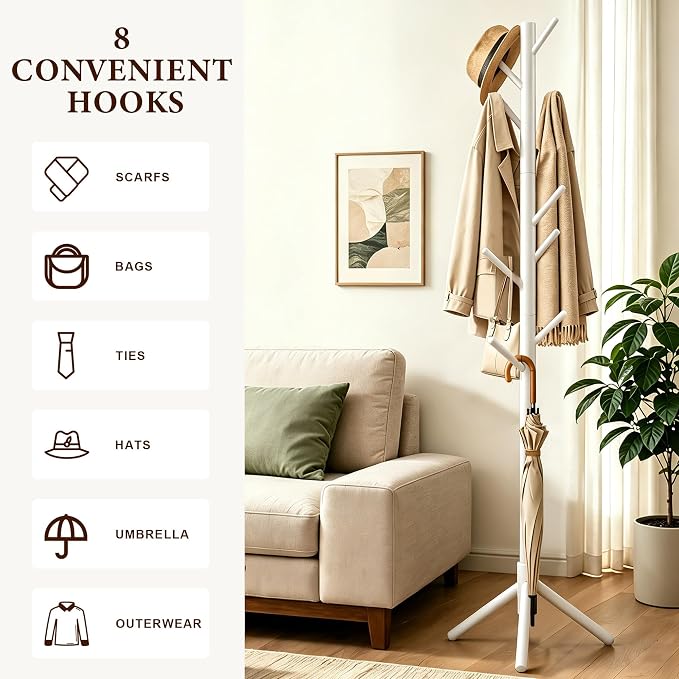 2 PC Wooden Coat Rack Freestanding with 8 Hooks & 3 Adjustable Sizes for Clothes, Space-Saving Design for Bedroom Office Entrance Holds Hats Coats Scarves Bags