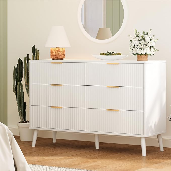 Fluted 6 Drawers Dresser for Bedroom, Wooden Wide Chest of Drawers with Metal Handle, Dresser TV Stand, Closet Storage Organizer for Entryway, Living Room, Hallway (White)