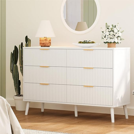 Fluted 6 Drawers Dresser for Bedroom, Wooden Wide Chest of Drawers with Metal Handle, Dresser TV Stand, Closet Storage Organizer for Entryway, Living Room, Hallway (White)