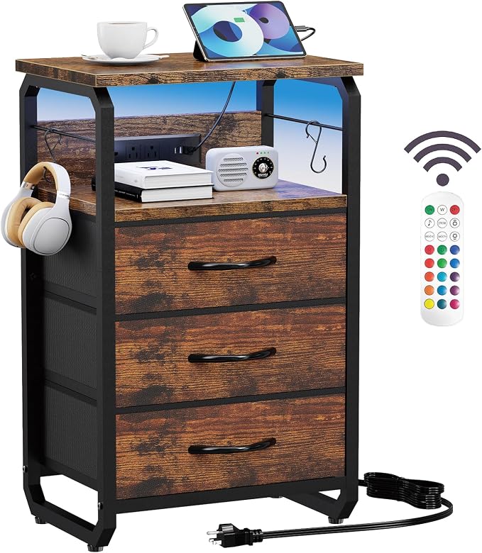 runjuly Night Stand with Charging Station, LED Nightstand with 3 Fabric Drawers and Hooks, Small End Table with Light and USB C Port, Storage Side Table for Bedroom, Rustic Brown