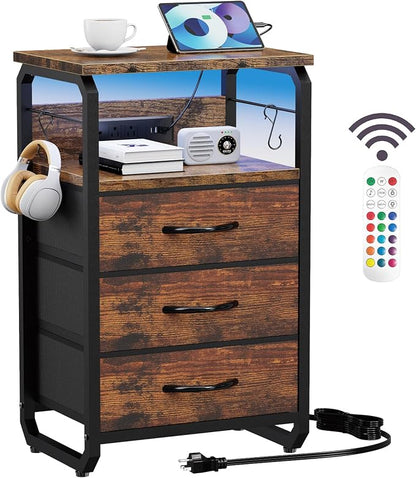 runjuly Night Stand with Charging Station, LED Nightstand with 3 Fabric Drawers and Hooks, Small End Table with Light and USB C Port, Storage Side Table for Bedroom, Rustic Brown
