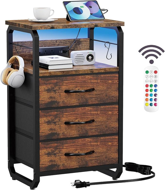 runjuly Night Stand with Charging Station, LED Nightstand with 3 Fabric Drawers and Hooks, Small End Table with Light and USB C Port, Storage Side Table for Bedroom, Rustic Brown