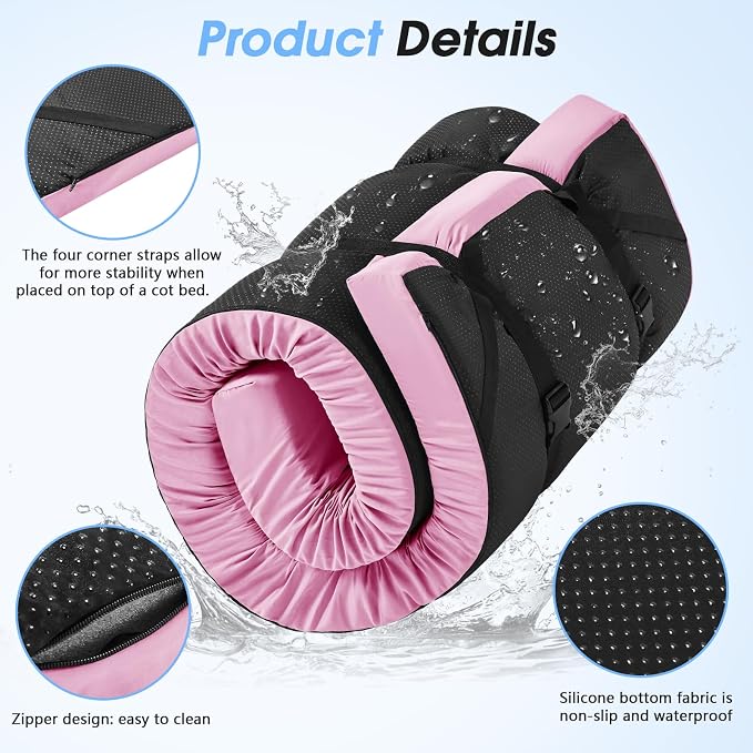 CYMULA 3 Inch Memory Foam Camping Pad, Camping Essentials Roll Up Floor Mat for Car Camping, Cot, Tent, Truck, Travel and Guest Use, Non-Slip Waterproof Bottom, Removable Cover