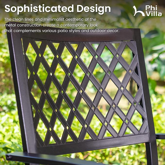 PHI VILLA 5 Pieces Outdoor Dining Set for 4, 37" Black Square Wrought Iron Table with Mesh Top & Stackable Metal Steel Chairs, Outside Furniture Set for Patio, Deck, Backyard, Porch