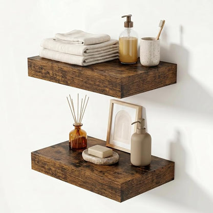 Heimlove 12 Inch Floating Shelves for Wall Rustic Brown Shelves Set of 2,Wall Mounted Rustic Wood 8 Inch Deep Floating Shelf with Invisible Brackets for Bedroom Kitchen Living Room