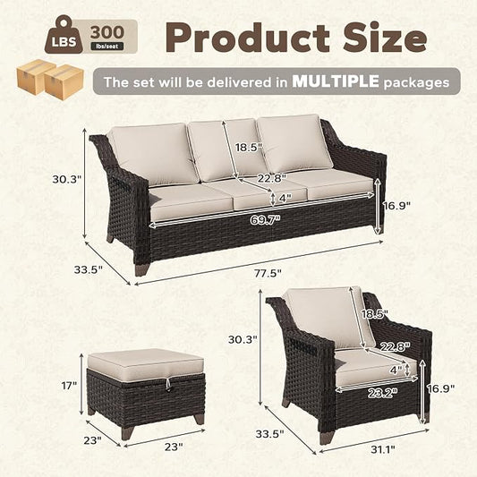 6 Pieces Patio Conversation Furniture Set - 2 Sofas, 2 Armchairs, 2 Ottomans, Outdoor Wicker Furniture with Removable Cushions for Porch, Balcony, Sunroom (Beige)