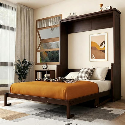 PVWIIK Murphy Multifunctional Bed Frame with Storage Shelf & Wooden Slat Support Mattress Foundation for Adult,Girls,Boys,Queen Size Murphy Bed,Wood Hidden Wall Bed Space-Saving Cabinet,Walnut