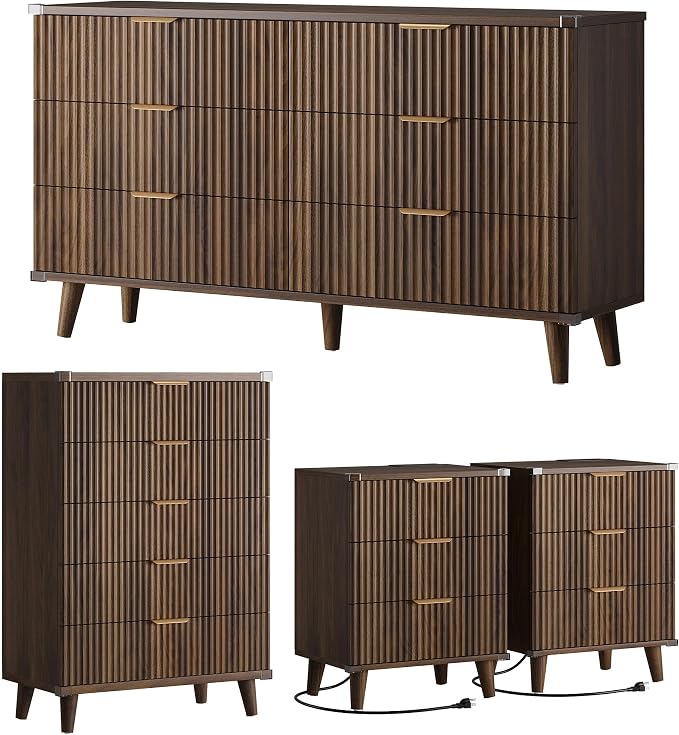 Lulive Modern Dressers and Nightstands Set 4-Piece, 2 Night Stands + 6-Drawer Dresser + 5 Drawers with Charging Station Modern Bedroom Sets Solid Wood Legs Walnut