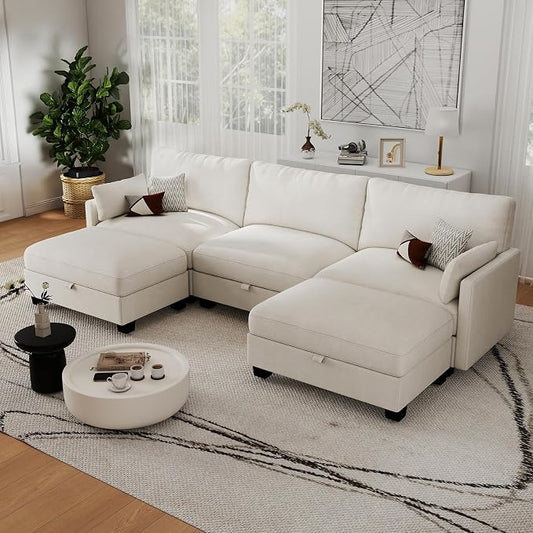 Modular Sectional Small U Shaped Sofa Couches for Living Room, Cloud Couch with Storage Ottoman, Comfy Chenille Sofa with Pillow, Beige