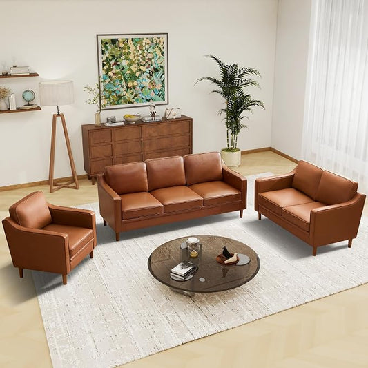 Kingfun 3-Piece Sofa Set for Living Room, Mid Century Modern Couch with Loveseat and Chair, Chenille, Solid Wood Frame