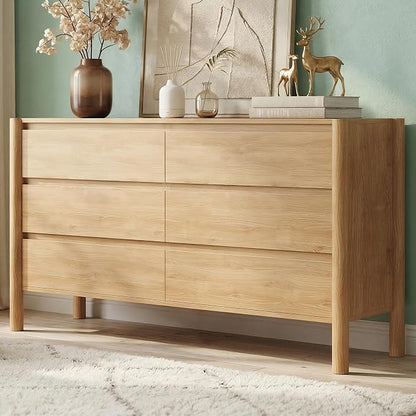 CHUWELL 3-Piece Bedroom Dresser Set-6 Drawer Dresser & 2 Nightstands,47" Wide Dresser and Night Stands with Solid Wood Cylindrical Legs,Rustic Wooden Storage for Bedroom(Oak)