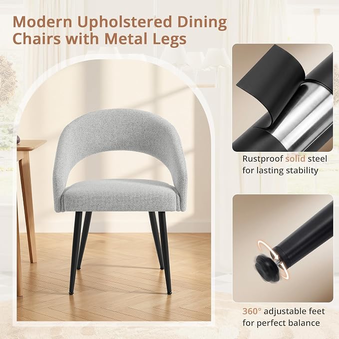 LUE BONA Modern Dining Chairs Set of 4, Upholstered Armrest Side Chairs for Kitchen & Dining Room, 18.5" Seat Height, Comfortable Curved Hollow Backrest, Black Metal Legs, Easy Assembly, Light Grey