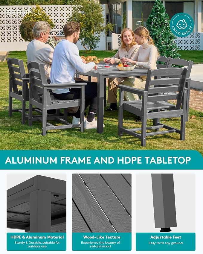 SERWALL 10-Piece Patio Dining Sets with 15FT Patio Umbrella, Grey | 60" - 83" Expandable Outdoor Dining Table and 8 HDPE Chairs, All Weather HDPE Outdoor Furniture Set