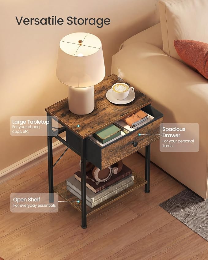 SONGMICS Bedside Table, Side Table with Drawer, Nightstand with Lower Shelf, for Bedroom, Living Room, 11.8 x 15.6 x 23.8 inches, Set of 2, Rustic Brown, BELLAH Collection ULGS111K101S