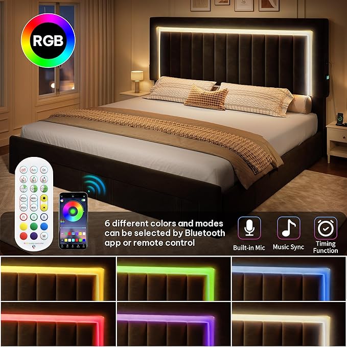 YITAHOME Queen Size Bed Frame with Adjustable Headboard, 4 Storage Drawers and RGB LED Lights, Velvet Upholstered Platform Bed with USB Ports, No Box Spring Needed, Fast Assembly, Noise-Free, Black