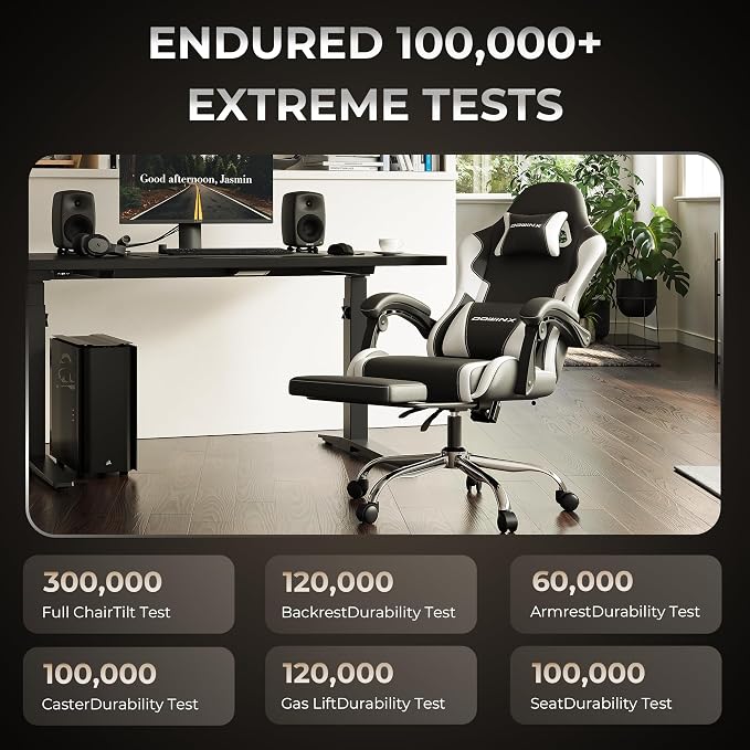 Dowinx Gaming Chair with Footrest, 330lbs Computer Chair 2D Lift Linkage Armrest, Massage Lumbar, Height Adjustable Ergonomic Comfy Video Game Chairs for Home Office Streaming, Long Gaming, White
