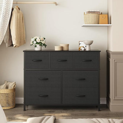 OLIXIS Dresser for Bedroom with 7 Fabric Drawers Storage Organizer Closet Chest Clothes Cabinet Vertical Dresser for Living Room Entryway Hallway,Black