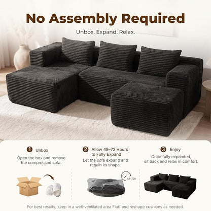 Modular Sectional U-Shaped Sofa with Deep Seat, Modern Boneless Comfy Corduroy Fluffy Couch with Side Pockets and Anti-Slip & Floor-Friendly Bottom for Living Room, No Assembly, Black