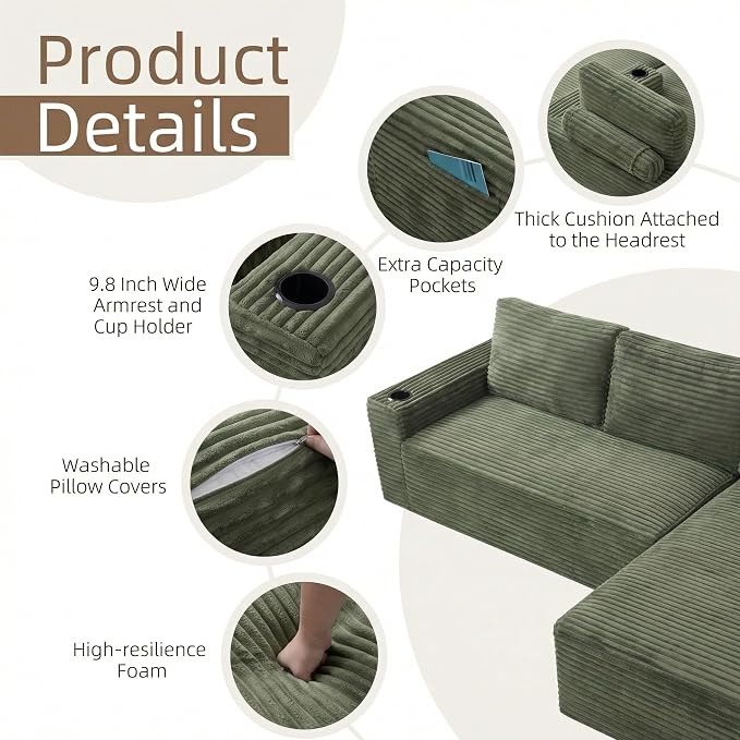104" L Shaped Boneless Sectional Couches for Living Room, Comfy Corduroy Floor Cloud Sofa with Chaise and Cup Holder, Wide Armrest, Deep Seat, Assembly Free, Ideal for Small Spaces, Green