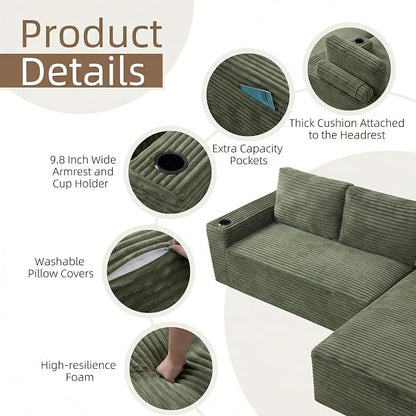 104" L Shaped Boneless Sectional Couches for Living Room, Comfy Corduroy Floor Cloud Sofa with Chaise and Cup Holder, Wide Armrest, Deep Seat, Assembly Free, Ideal for Small Spaces, Green