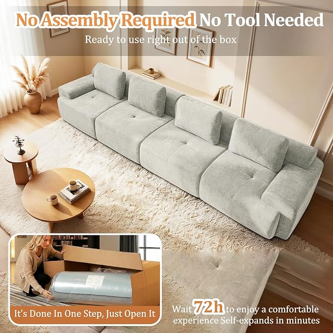 159" Oversized Boneless Couch, Comfort Cloud Sectional Couches for Living Room, Modular Sofa High Back & Extra Deep Seat, No Assembly, Soft Chenille Fabric (Light Grey, 159 inch-（4+0）)