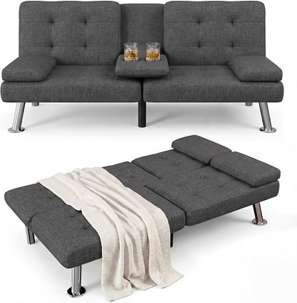 Flamaker Futon Sofa Bed Modern Folding Futon Set Linen Fabric Convertible Recliner Lounge for Living Room with 2 Cup Holders, Removable Armrests (Fabric, Carbon Black)