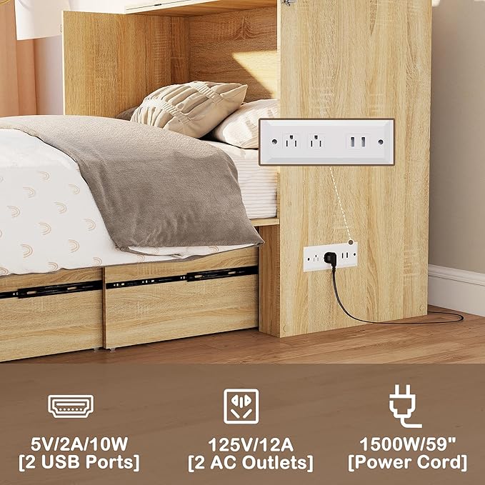 Full Size Murphy Bed Cabinet: Modern Murphy Bed Full Oak, Natural Wood Hidden Beds Cabinet with Charging Station, Fluted Hideaway Beds for Apartments (Oak-Stripe)