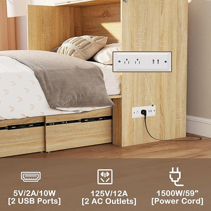 Full Size Murphy Bed Cabinet: Modern Murphy Bed Full Oak, Natural Wood Hidden Beds Cabinet with Charging Station, Fluted Hideaway Beds for Apartments (Oak-Stripe)