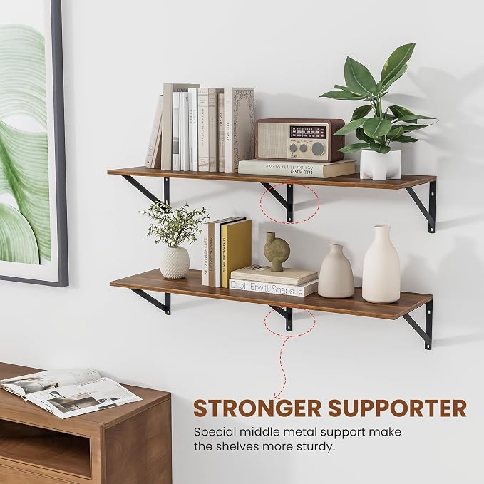 Heimlove 12 Inch Deep Floating Shelves for Wall, 36W x 12D Wood Wall Shelves Set of 2, Walnut Wide Floating Bookshelf for Living Room, Kitchen, Office, Bedroom, with Black Metal Bracke - Walnut