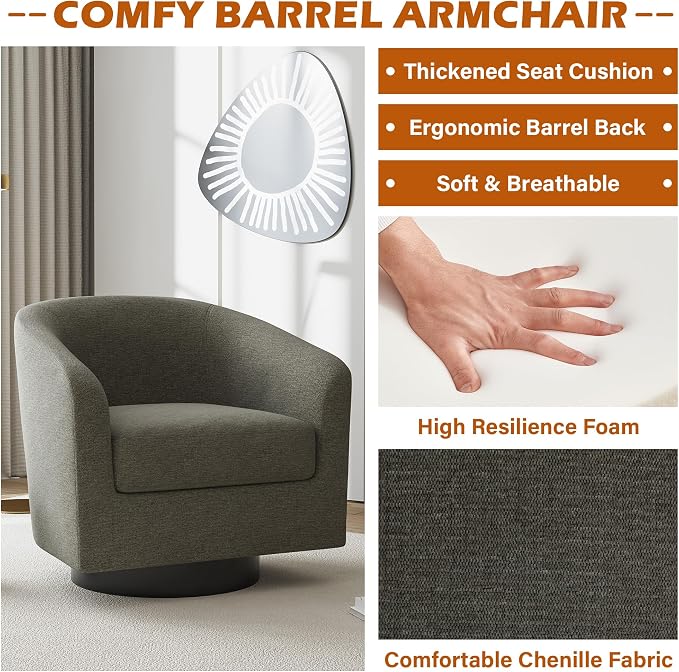 Swivel Accent Chair, Chenille Barrel Chairs Upholstered Armchair for Living Room, Modern Round Arm Chair Small Single Sofa Bedroom Reading Seat - Tan