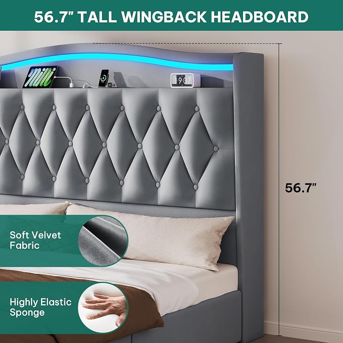 DWVO King Size Bed Frame with 4 Storage Drawers and RGB LED Lights, 57'' Tall Headboard Velvet Upholstered Bed with Charging Station, No Box Spring Needed, Easy Assembly, Noise-Free, Dark Grey
