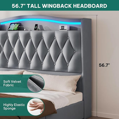DWVO King Size Bed Frame with 4 Storage Drawers and RGB LED Lights, 57'' Tall Headboard Velvet Upholstered Bed with Charging Station, No Box Spring Needed, Easy Assembly, Noise-Free, Dark Grey