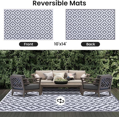 Smiry Waterproof Outdoor Rug 10X14 ft, Reversible Plastic Straw Patio Camping Rugs, Outdoor Indoor RV Mat Carpet for Patio, Outside Entry, Backyard, Deck, Bench, Picnic, Camper, White & Grey
