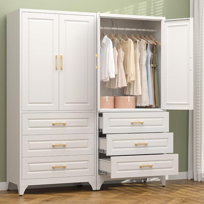 Polup Metal Armoire Wardrobe Closet with Three Drawers, 71“ Tall Large Wardrobe Cabinet with Hanging Rod, Freestanding Wardrobe Cabinet with Doors for Bedroom, White, Assemble Required