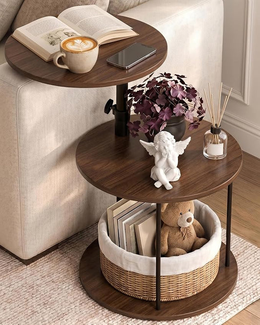 Faesun Swivel Round Table for Couch Arm, Height Adjustable C Shaped End Table for Recliner or Bed, Tv Trays with Storage Shelf for Small Spaces- Small Nightstand for Living Room, Bedroom, Walnut