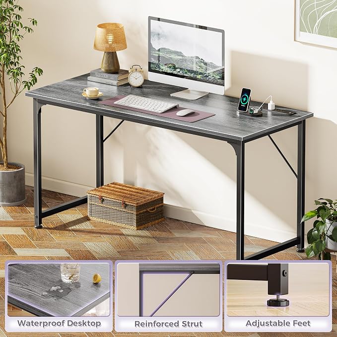 PRAISUN 55 X 20 Inch Office Computer Desk with Power Outlets and USB-C Port, Larger and Longer Gaming Desk, for Home Office, Study, Bedroom, Writing Work from Home Table, Metal Frame, Grey