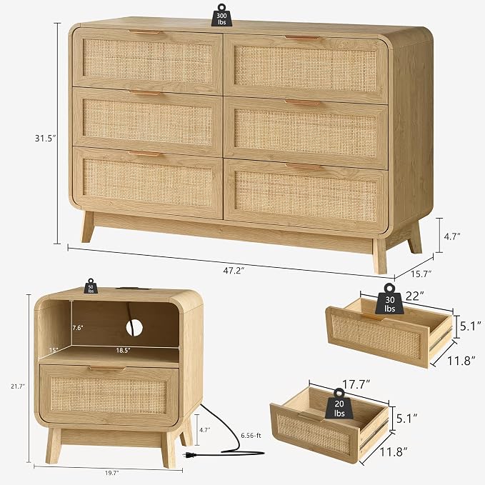 FORTUNETEC 47" Rattan 6 Drawer Dresser, Modern Farmhouse & Boho Wooden Chest of Drawers with Oak Wood Grain, Multifunctional Storage Bedroom Set for Bedroom, Living Room, Entryway & TV Stand