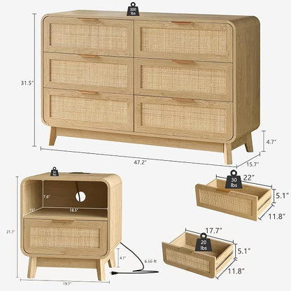 FORTUNETEC 47" Rattan 6 Drawer Dresser, Modern Farmhouse & Boho Wooden Chest of Drawers with Oak Wood Grain, Multifunctional Storage Bedroom Set for Bedroom, Living Room, Entryway & TV Stand