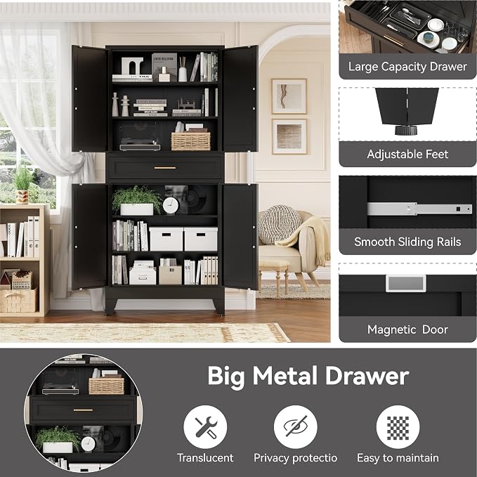 Metal Storage Cabinets with Drawer, 71" Filing Cabinet with 4 Adjustable Shelves & 4 Doors, Modern Abstract Rhombus Geometric Design File Cabinet for Home,Office,Garage,Shop,School, Black